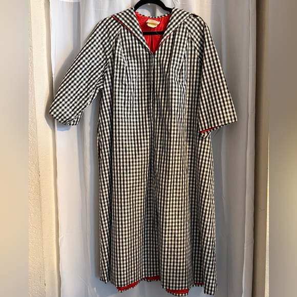 Vintage 50s Quilted Gingham Hostess Coat Red Lining Large - Picture 2 of 14